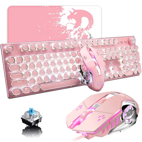 Pink Typewriter Keyboard and Mouse,Retro Vintage Mechanical Gaming Keyboard with White LED Backlit,104 Keys Anti-Ghosting Blue Switch Wired Cute Keyboard,Round Keycaps for Desktop PC/Laptop Mac - Pink