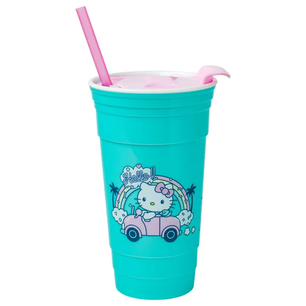 Silver Buffalo Hello Kitty Rainbow Car Plastic Tumbler with Lid and Straw, 32-Ounce - 32oz Rainbow Car