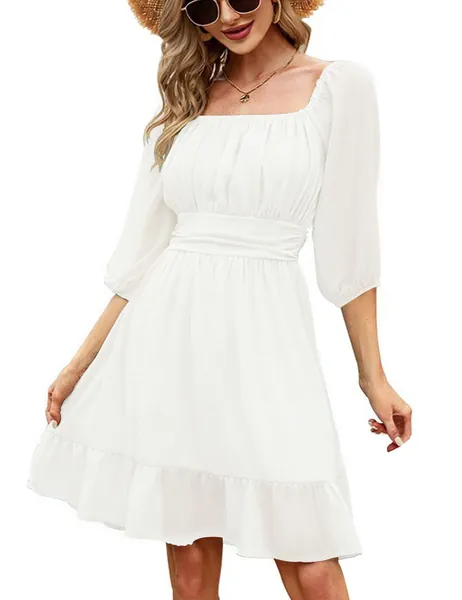 Sopliagon Women Summer Tie Back Latern Sleeve Square Neck Ruffle Dress Elastic Waist Swing Casual Mini Dresses - X-Large White