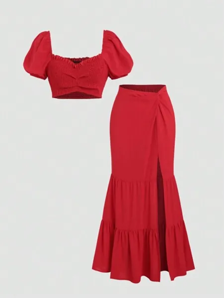 SHEIN MOD Dames zomer effen kleur vakantiestijl korte crop-top met pofmouwen en zeemeerminrok 2 stks/set