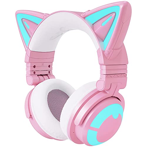 YOWU RGB Cat Ear Headphone 3G Wireless 5.0 Foldable Gaming Pink Headset with 7.1 Surround Sound, Built-in Mic & Customizable Lighting and Effect via APP, Type-C Charging Audio Cable -Pink - 3G - Pink