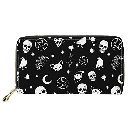 PIHNSDUA Skull Cat Moon Gothic Women's Long Wallet PU Leather Purse with Card Holder Zip Around Clutch Wallet - Skull Cat