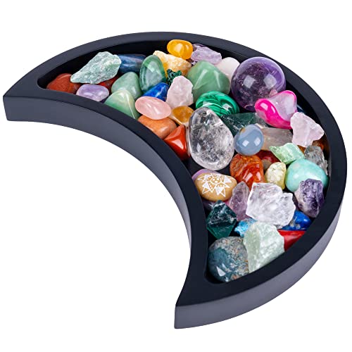 Curawood Crescent Moon Tray for Crystals - Showcase Your Crystals & Healing Stones - 10" Black Wooden Crystal Holder for Stones Display - Crystal Tray for Stones Storage - Rock Display Case Organizer - Large - Black