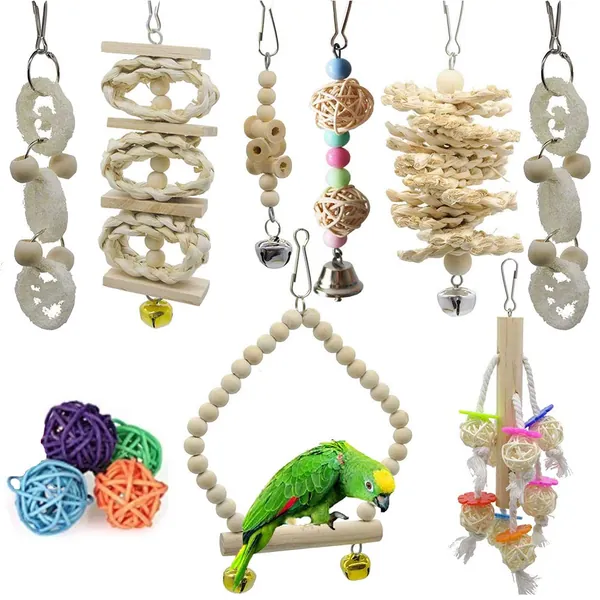 JIAYUE Bird Parrot Swing Toys - 12pcs, Parrots Chewing Toys Natural Wood Bungee Bird Toy for Small Parakeets, Cockatiels, Conures, Finches, Budgie, Macaws, Parrots, Love Birds Cage Accessories - 