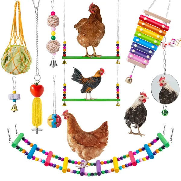 EBaokuup 10PCS Chicken Toys for Hens, Chicken Xylophone Toy, Chicken Bridge Swing Toys, Chicken Pecking Toys, Chicken Mirror Toys and Vegetable Hanging Feeder for Chicken Hens - 