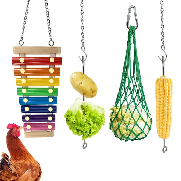 4PCS Chicken Coop Toys-Chicken Xylophone Toy Chicken Veggies Fruit Skewers Lettuce String Bag Hanger Chicken Treats Holder for Hens Roosters Chicks - 
