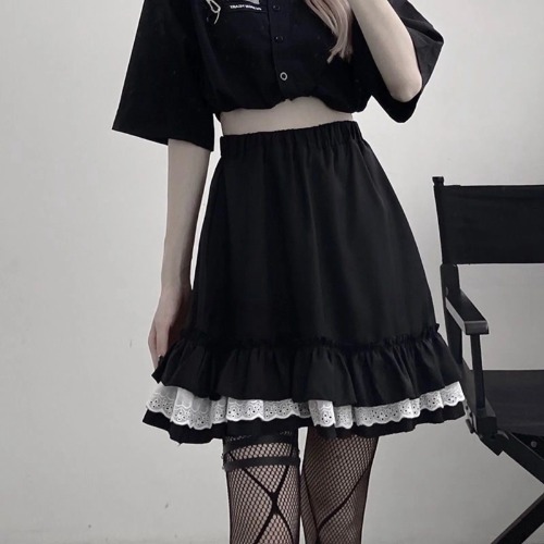 Goth 'Apparition' Black & White Harajuku Grunge Ruffle Skirt - Black / XXL