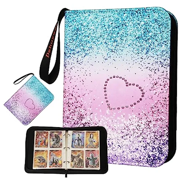 Dzhuywer Trading Card Binder for 4-Pocket (480 Cards) with 60 Removable Sleeves, with Protection Zipper and Easy Carrying Wristband, Portable Card Albums for Boys Girls Gifts, Pink
