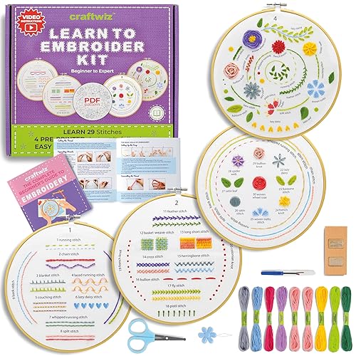 Craftwiz 4 Set Starter Embroidery Kit for Beginners Adults and Teens with Simple Embroidery Patterns, Beginner Embroidery Kit for Adults, Learn to Embroider 29 Stitches with Hand Embroidery Kit