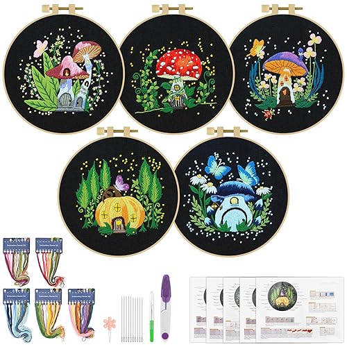 ERKOON 5 Sets Embroidery Kit for Beginners, Art Craft Handy Sewing Set Mushroom Cross Stitch Starter Kits, DIY Embroidery Kits with Patterns and Instructions Hoops Needles Threads - Black-Mushrooms
