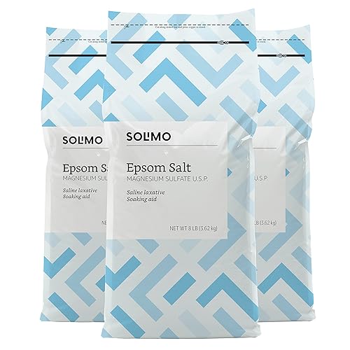 Amazon Brand - Solimo Epsom Salt Soak, Magnesium Sulfate USP, Unscented, 8 pound (Pack of 3) - Unscented - 128 Ounce (Pack of 3)