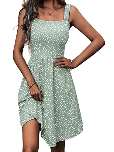 HUHOT Women's Summer Casual Square Neck Dress with Pocket Cute Sleeveless High Waist A-line Sundress Midi Dresses 2024 - Small - Green Floral-1