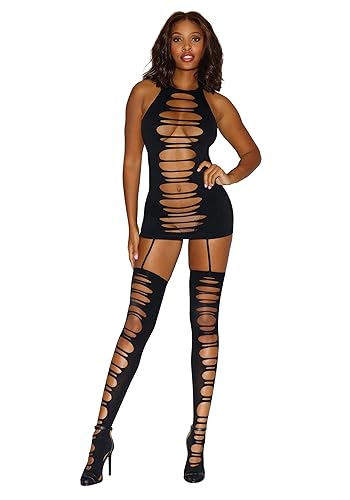 Women's Black Opaque Slash Garter Dress - One Size - Black