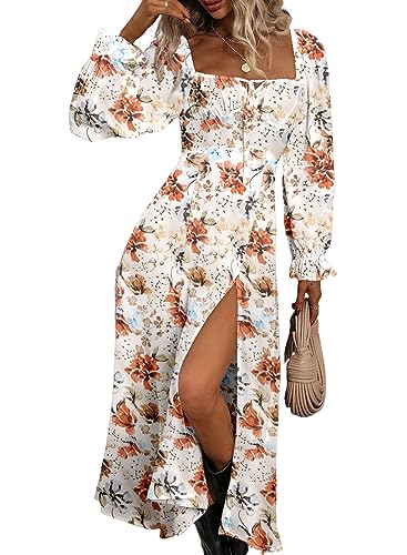 BLENCOT Women's Floral Print Puff Long Sleeve Maxi Dress Sexy Square Neck Tie Front Ruffle Hem Split A-line Beach Dresses - Small - Brown Floral