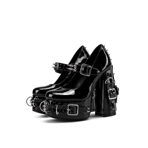 Frankie Hsu Women's Gothic Large Size Black Patent Leather Buckle Belt Ring Rivet Shinny Sexy Platform Chunky High Heels Ankle Strap Heeled Bootie Shoes - 11 - Black