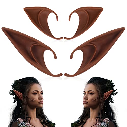 FRESHME 2 Pairs Brown Elf Ears - Short and Long Fairy Ears Set Silicone Vampire Ears Anime Pixie Elven Ear Brown Skin for Women Cosplay Christmas Renaissance Masqerade Dress Up Costume Accessories - A - Brown 2 Pairs Elf Ears