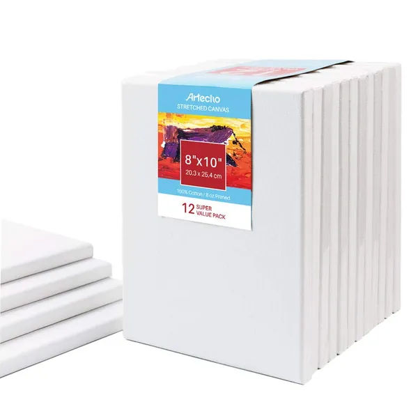 Artecho 8"x10" Stretched White Blank Canvas,12 Pack, Primed 100% Cotton, for Painting, Acrylic & Oil Paint, Canvases for Artist & Hobby Painter