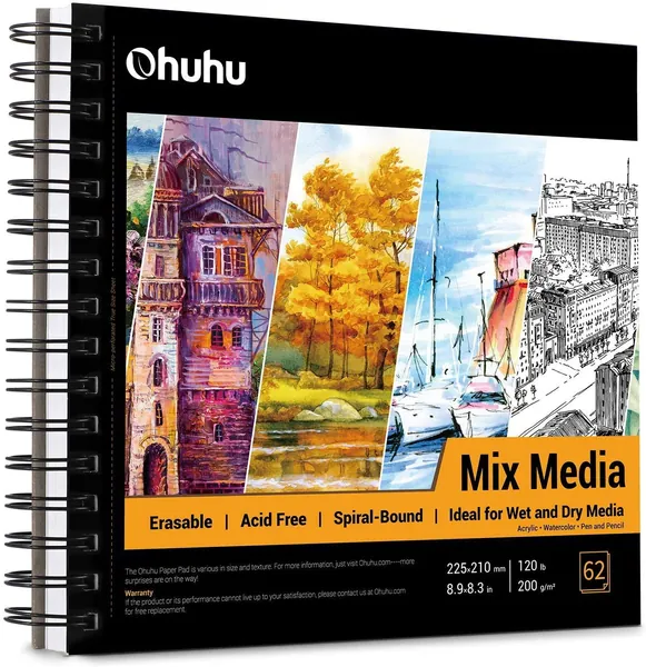 Mix Media Paper Pad, Ohuhu 8.9"×8.3" Mixed Media Sketchbook, 120 LB/200 GSM Heavyweight Papers 62 Sheets/124 Pages, Spiral Bound Mix Media Pad for Acrylic, Watercolor, Pen and Pencil Painting