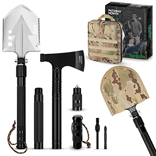 Pathway North Survival Shovel and Camping Axe – Stainless Steel Tactical, Survival Multi-Tool and Survival Hatchet Equipment for Outdoor Hiking Camping Gear, Hunting, Backpacking Emergency Kit(Black) - Black