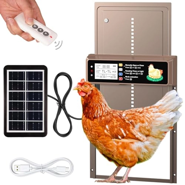 Automatic Chicken Coop Door Solar Powered, LCD Display Automatic Chicken Door with Timer & Light Sensor, Aluminum Alloy Chicken Door with Remote Control & 4 Modes Automatic Chicken Door Solar & USB-C - 9.4"L x 13.0"W x 1.6"H