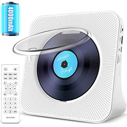 4000mAh Rechargeable CD Player with Bluetooth:Portable Kpop Music Player with HiFi Speaker,Remote Control,LCD Display,Sleep Timer,Headphone Jack, Supports CD/Bluetooth/FM Radio/U-Disk/AUX - white