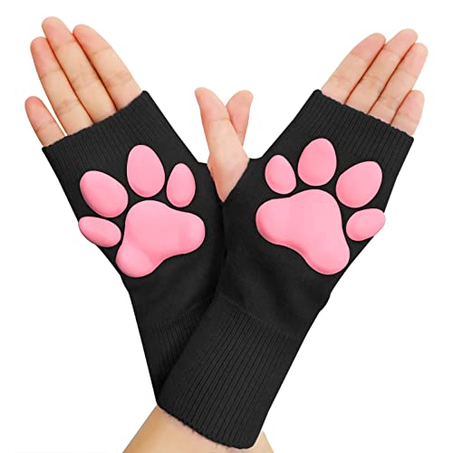 Littleforbig 3D Paw Pad Silicone Kitten Fingerless Knitted Warm Stretchy Breathable Cashmere Gloves - Black