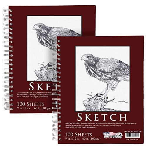 U.S. Art Supply 9" x 12" Sketch Book Pad, Pack of 2, 100 Sheets Each, 60lb (100gsm) - Spiral Bound Artist Sketching Drawing Paper Pad, Acid-Free - Graphite Colored Pencils, Charcoal - Adults, Students - 9-x-12-inch