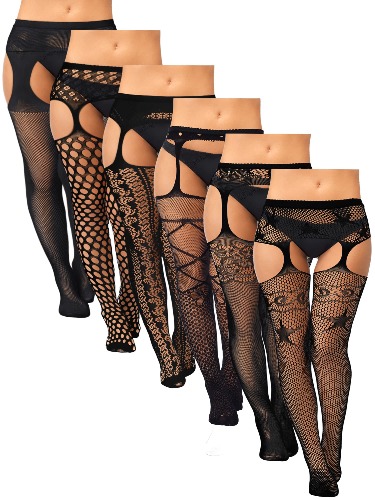 6 Pairs Women Fishnet Stockings Lace Fishnet Tights Hollow Floral Suspender Pantyhose (Plaid Simple Style, X-Large)