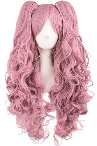 MapofBeauty 28"/70cm Lolita Long Curly Clip on Ponytails Cosplay Wig (Rouge Pink) - Rouge Pink