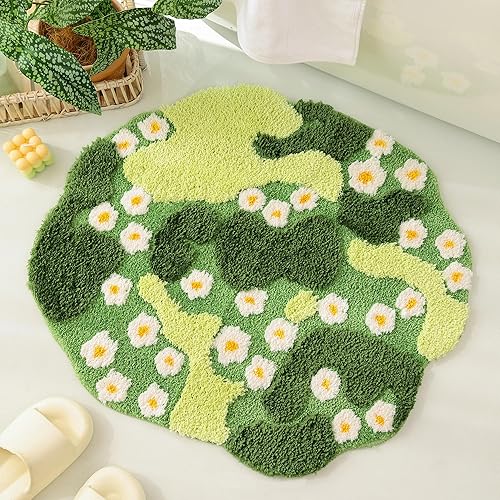 YIKUSH Moss Bath Mat Green Bathroom Rug with Small White Flowers Non Slip Door Mat for Bedroom and Kitchen Soft Washable Rug Floral Nature Bathtub Mat - 29"x26" - Flower Moss