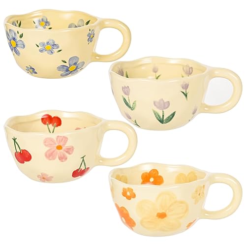MAKCNMYM Ceramic Coffee Mug Set of 4 Vintage Flower Mugs 8 oz Cute Floral Coffee Mug Irregular Latte Art Cup Lead-free Porcelain Mug for Cappuccino, Cocoa - Microwave and Dishwasher Available - 4 Pack