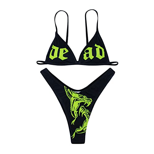 ZGMYC Women Funny Skull Letter Print Goth Bikini Set 2 Piece Neon Bandeau Swimsuit - Small - Black&green
