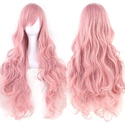 IMISSU 80cm Long Curly Natural Hair Cosplay Wig with Bangs Colorful Halloween Costume Party Wigs for Women (Pink) - Pink