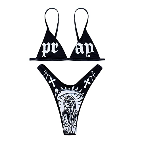 JUMISEE Women Skull Letter Pattern Goth Bikini Set 2 Piece High Waist Bandeau Swimsuit - Small - Black&whte
