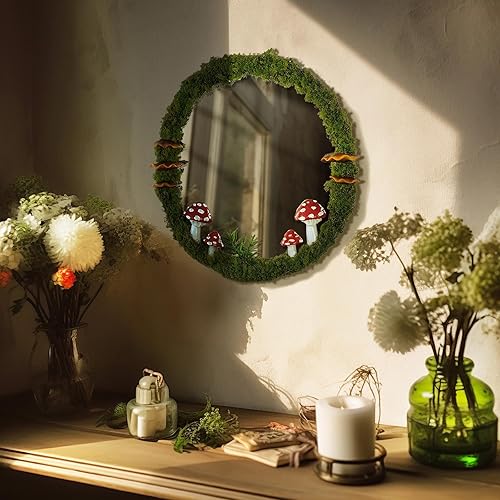 EVOLUX Mushroom Mirror Small Wall Decorative Mirror Handmade Moss Round Mirror Cottage Core Decor Mushroom Decor Room Decor Aesthetic Mirror(11")