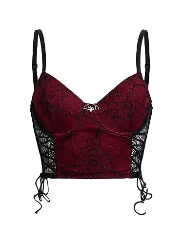 SOLY HUX Women's Sexy Goth Lace Trim Mesh Bra Spaghetti Strap Longline Bralette Bras - Medium - Burgundy