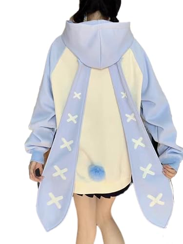 AISYBB Women's Plus Size Kawaii Long Rabbit Ears Hooded Sweater Girl Sweet Y2K Hoodie Coat - X-Large - Blue