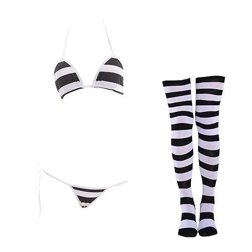 SINROYEE Sexy Lingerie Set for Women Japanese Anime Bikini Swimsuit Stripe with Striped Thigh High Socks - One Size - Black Wide Striped Bikini