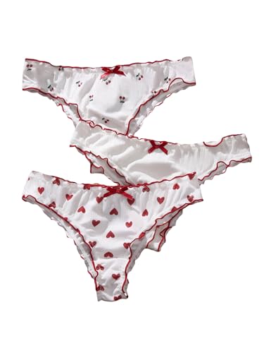 SHENHE Women's 3 Packs Heart Print Cute Panties Lettuce Trim Mid Rise Comfy Briefs - Small - Burgundy