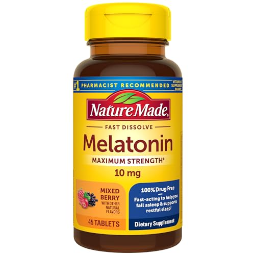 Nature Made Fast Dissolve Melatonin 10mg, Maximum Strength 100% Drug Free Sleep Aid for Adults, 45 Tablets, 45 Day Supply - Mixed Berry - 45 Count (Pack of 1)