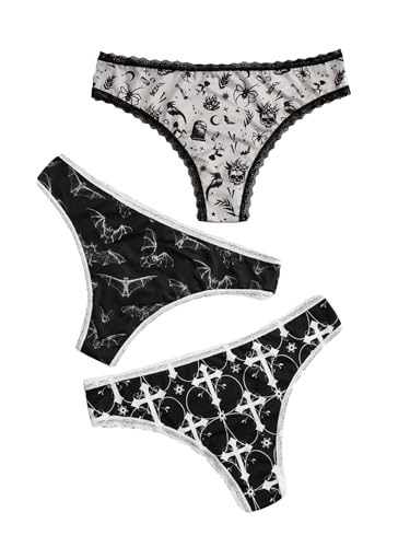 WDIRARA Women's 3 Pack Skull Graphic Print Lace Trim Underwear Panty Set - Cross - Small