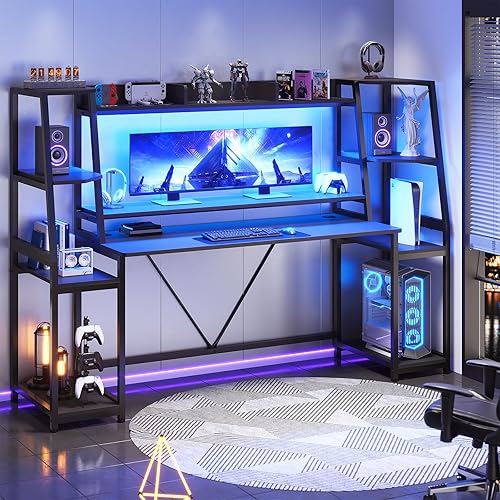 SEDETA Gaming Desk 78.8'' with LED Lights, Hutch and Storage Shelves, Computer Desk with Monitor Stand, Large PC Gamer Desk Workstation, Ergonomic Gaming Table for Bedroom, Living Room, Black - 78.8 inches - Black