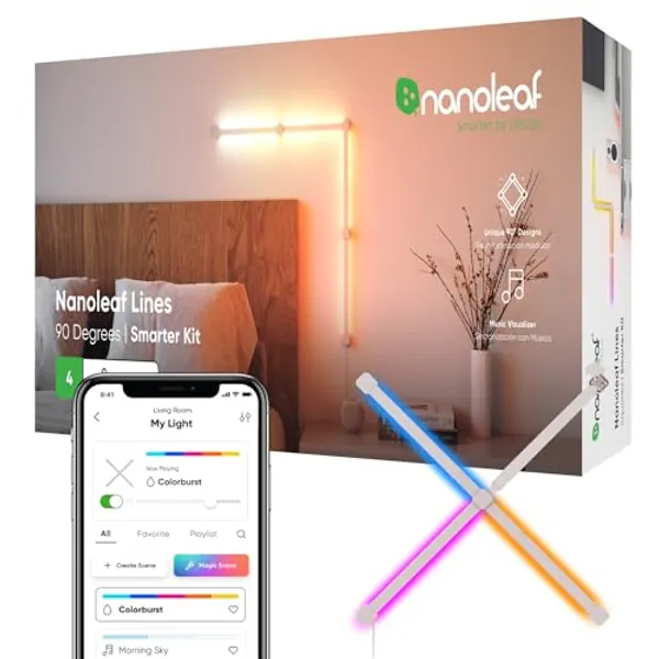Nanoleaf Lines WiFi Smart RGBW 16M+ Color LED Dimmable Gaming and Home Decor Wall Lights 90 Degree Smarter Kit (4 Lines)