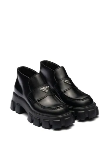 PRADA Black Brushed Leather Monolith Loafers