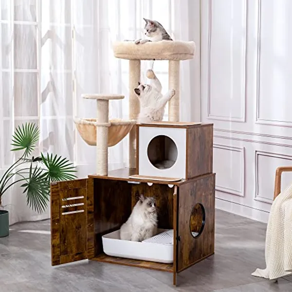 MeowSir Cat Tree with Litter Box Enclosure 2 in 1 Modern 50 Inches Wood Cat Tower with Litter Box Hidden, Large Condo, Spacious Perch, Hammock and Fully Sisal Post for Indoor Cats