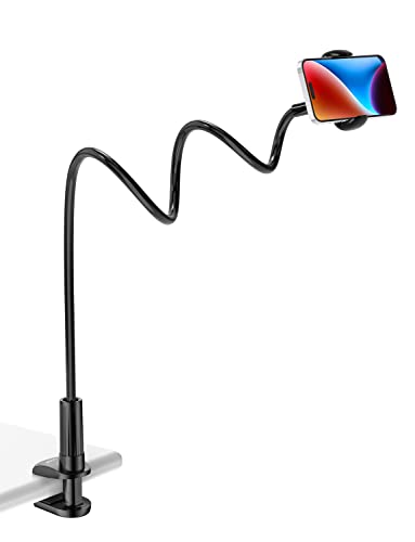 Tryone Gooseneck Phone Holder Stand for Bed Flexible Arm Adjustable Cell Phones Mount Clamp on Desk Bedframe Compatible with iPhone 14 Pro Max 13 12 11 X SE Series/Samsung S22 or Other 4"-7" Devices - Black