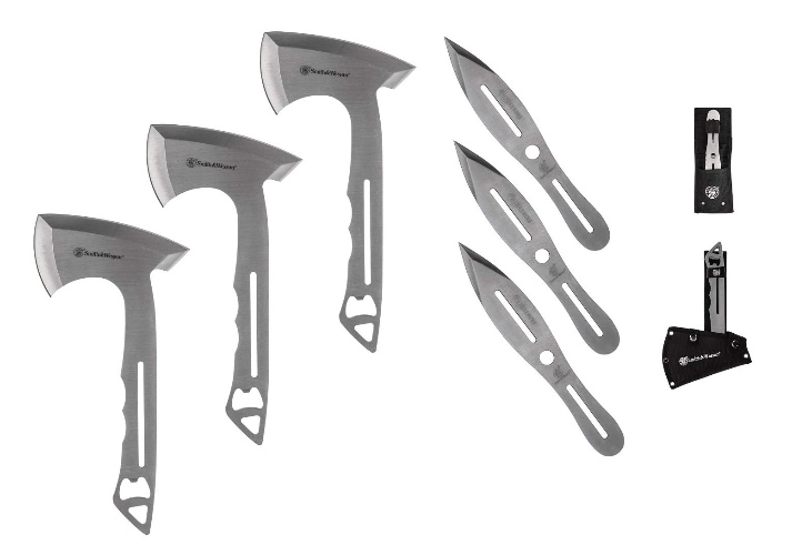 Smith & Wesson 8in Throwing Knives and 10in Axes Combo with Full Tang Stainless Steel Design, Bottle Opener and Nylon Sheaths for Recreation and Competition - 