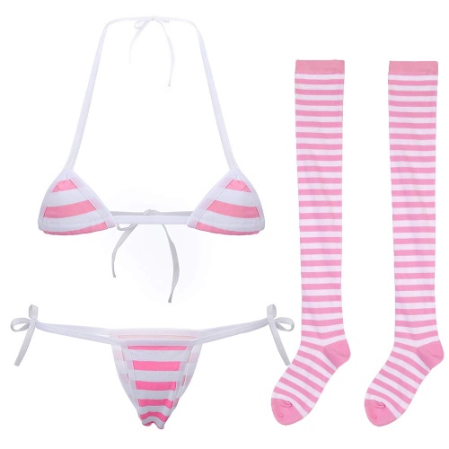 Cute Sexy Anime Lingerie Bra and Panty Set Lolita Cosplay Micro Underwear Suit Kawaii for Women - Pink(mini)+stripe High Socks