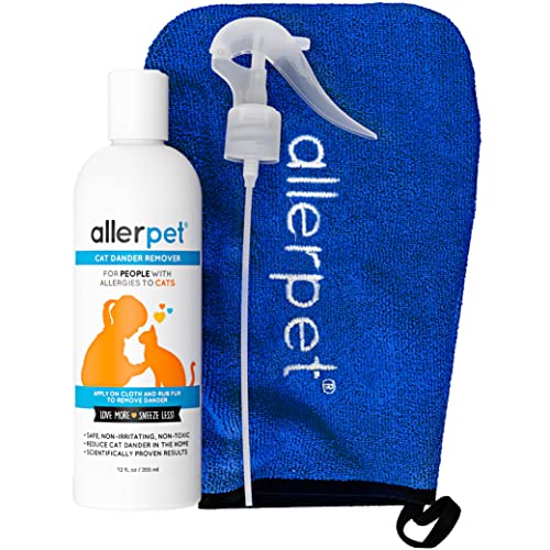 Allerpet Cat Dander Remover w/Free Applicator Mitt & Sprayer - Effective Cat Allergy Relief - Anti Allergen Solution Made in USA - (12oz) - Single w/ Applicator Mitt + Sprayer