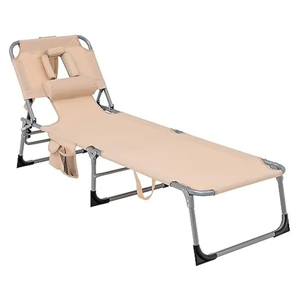 GYMAX Tanning Chair, Folding Beach Lounger with Face Arm Hole, Adjustable Backrest, Side Pocket, Pillow & Carry Handle, Outside Sunbathing Lounge Chair for Patio, Poolside, Lawn (1, Sand)